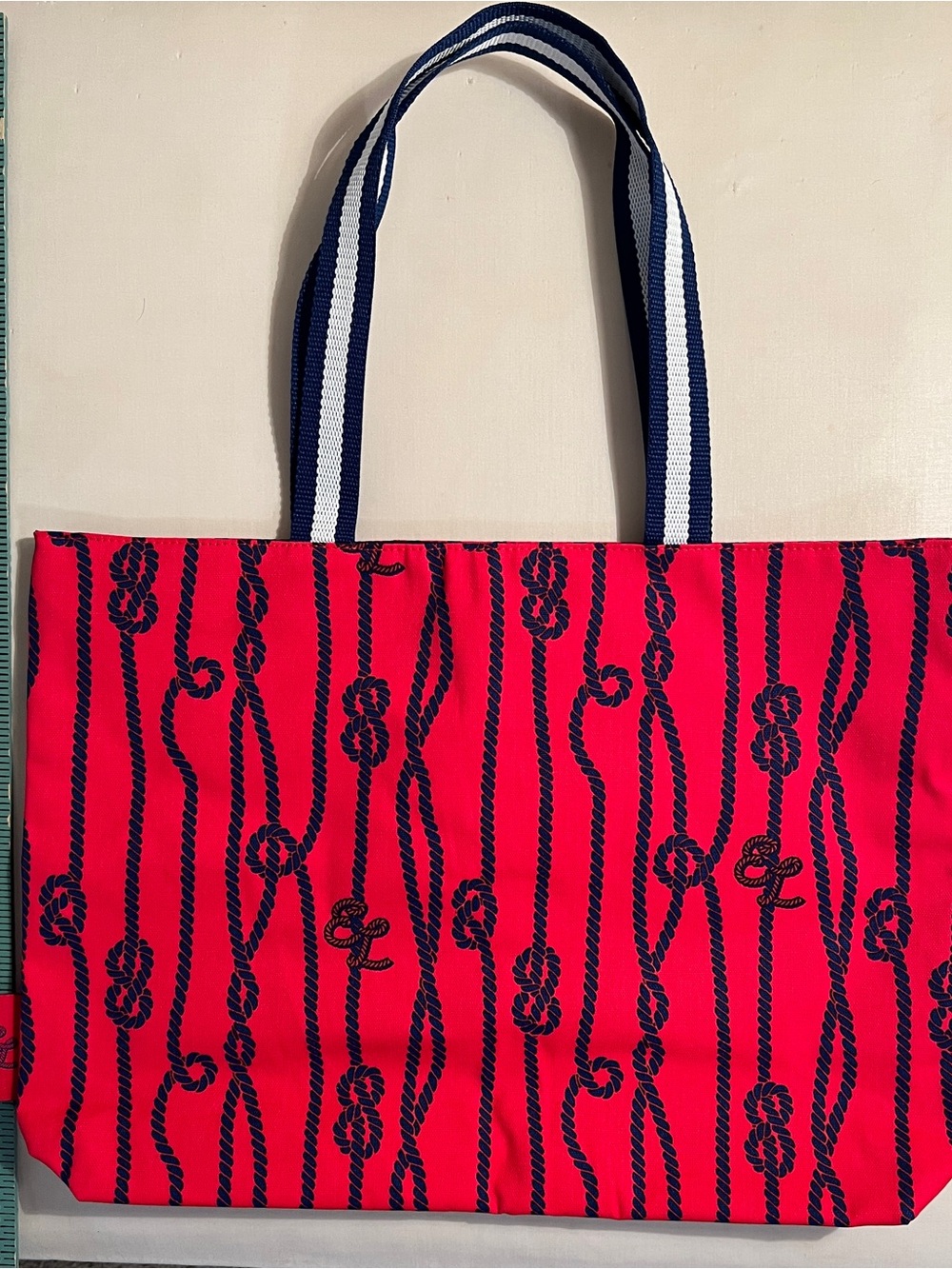 Estee Lauder Red Tote with Navy Rope Pattern